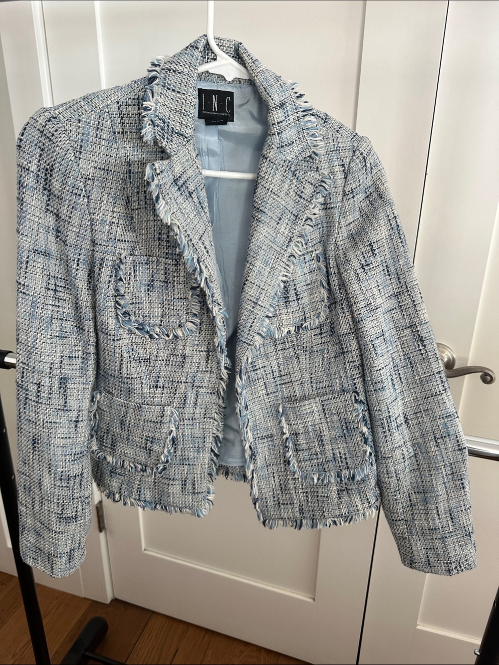 INC International Concepts Sky Blue Tweed Fringe Jacket